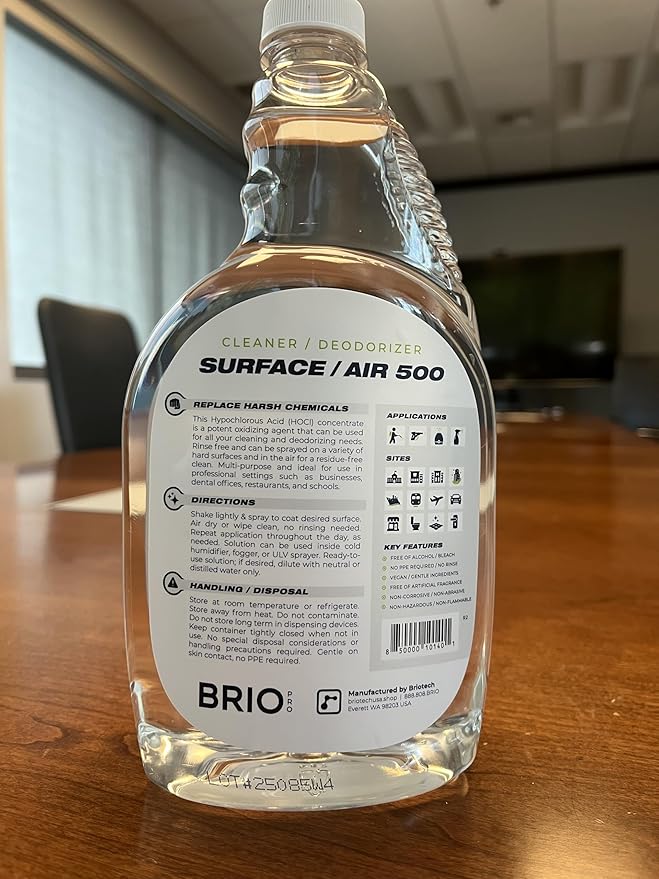 BRIOTECH Extra Strength HOCl Cleaner, 500 PPM Hypochlorous Acid Concentrate, ULV Foggers & Humidifiers, Professional Deodorizer for Dental, Offices, Schools, Homes, Peroxide Free, 32 fl oz (12 Pack)