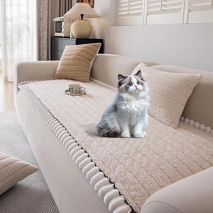 OTOB Sofa Covers for 3 Cushion Couch Washable, All Seasons Fuzzy Non Slip Kids & Pet Friendly Dog Bed Mats Couch Cover, Soft Plush Sofa Slipcovers Furniture Protector (Beige, 27.6" x 70.9'')