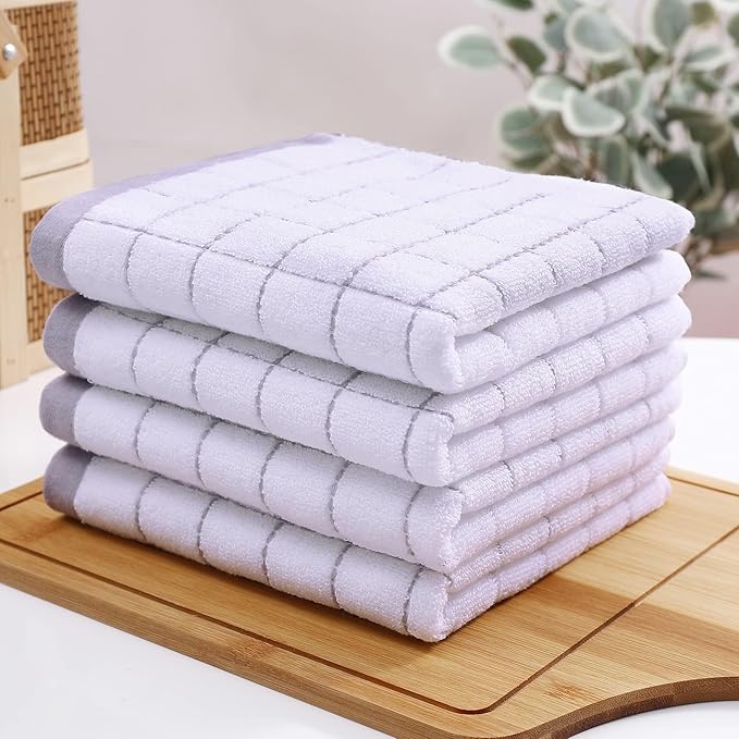Homaxy 100% Cotton Terry Kitchen Towels(White, 13 x 28 inches), Checkered Designed, Soft and Super Absorbent Dish Towels, 8 Pack