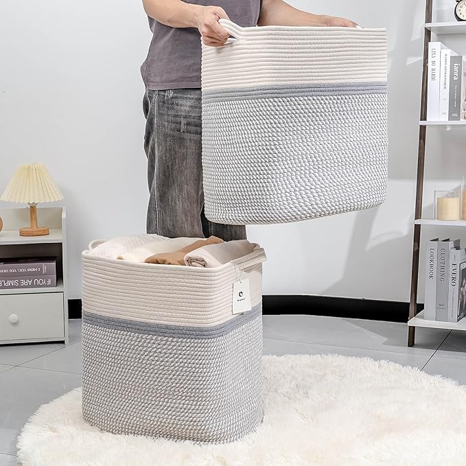 Storage Baskets for Clothes Fabric Cotton Rope Storage Basket with Handles, Decorative Woven Basket for Living Room,Closet Organizer Blankets, and 2bags (White/Gray, L17.8×W12.5×H17.9)