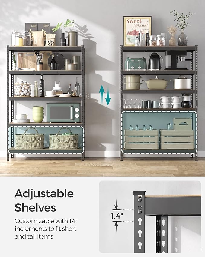 SONGMICS 5-Tier Storage Shelves, Load 2310 lb, Set of 2 Garage Storage, Boltless Assembly, Adjustable Shelving Unit, 23.6 x 47.2 x 70.9 Inches, for Study Shed Basement, Gray UGLR600G02