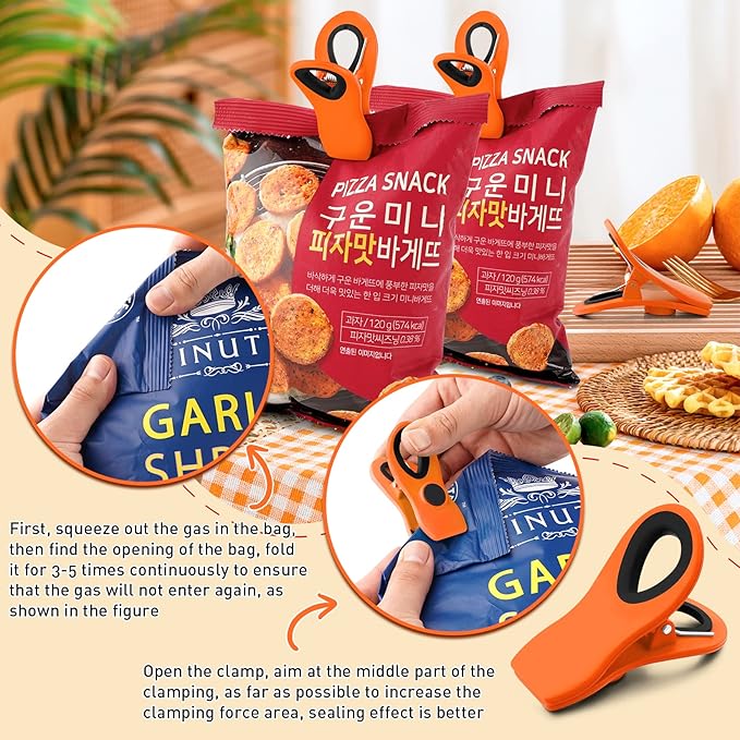FINDMAG 12 Pack Big Chip Clips, Orange Magnetic Clip for Plants, Plastic Snack Clips for Bags, Food Sealing Clips with Magnet for Chips, Snacks, Fridge and Food Organization