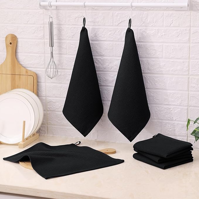 Homaxy 100% Cotton Waffle Weave Dish Cloths - 12 Pack Soft and Absorbent Dish Towels - 12 x 12 Inches Quick Dry Dish Rags - Black