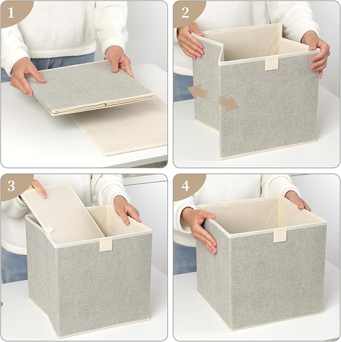 Storage Baskets, 11.8-Inch Woven Fabric Bins, Storage Cubes with Reinforced Handles, Organizer Bins for Closet Shelves, Foldable, for Toys, Clothes, Natural Beige (2PCS/Beige-11.8*11.8*11.8inch)