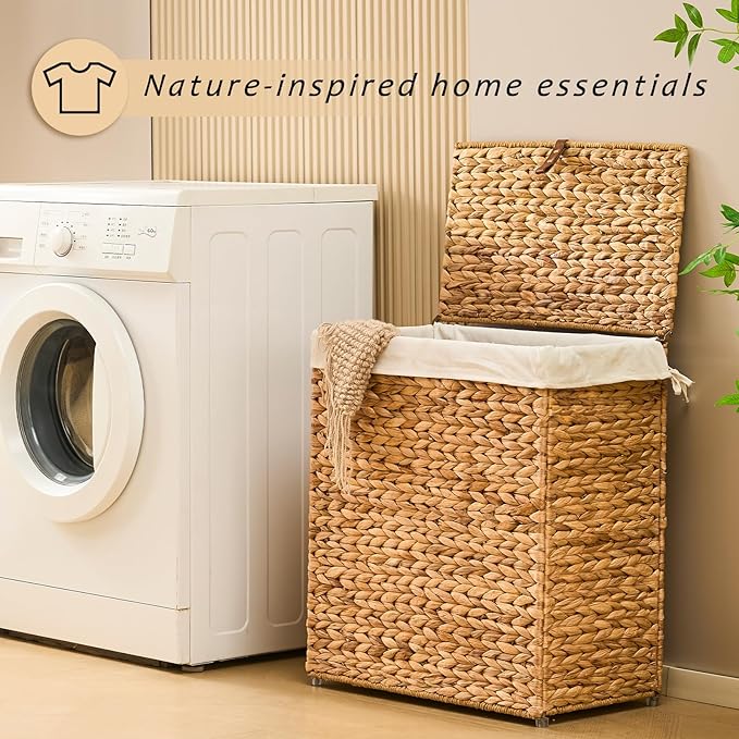 Handwoven Laundry Basket with Lid, Natural Water Hyacinth Storage Basket with Handle, Removable Cotton Liner, Durable and Stylish for Bedroom, Bathroom, Laundry Room