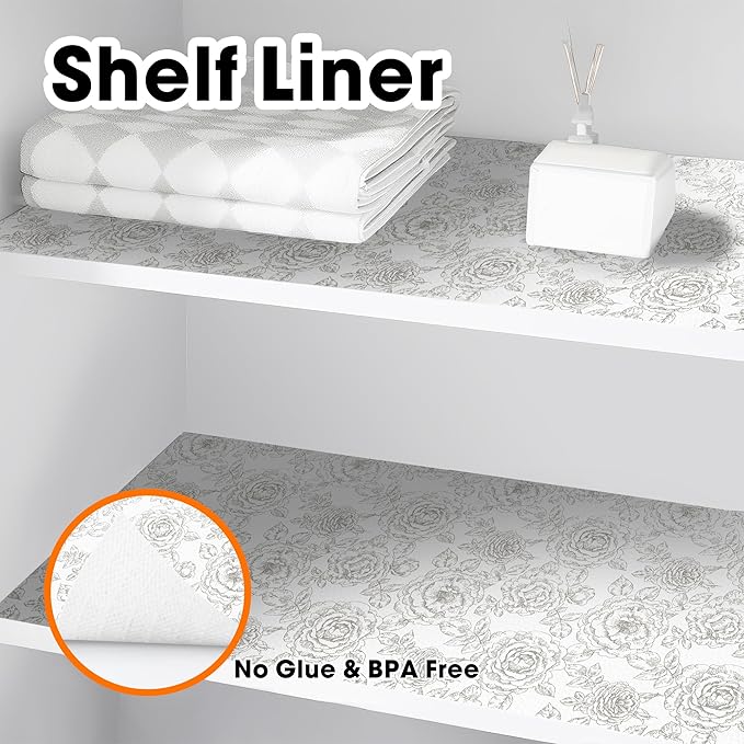Drawer and Shelf Liner for Kitchen Cabinets Non-Adhesive, Non-Slip Cabinet Liner Shelf Paper Strong Grip Waterproof Easy to Clean for Kitchen Shelves Cupboard, Flower,12IN X 10FT