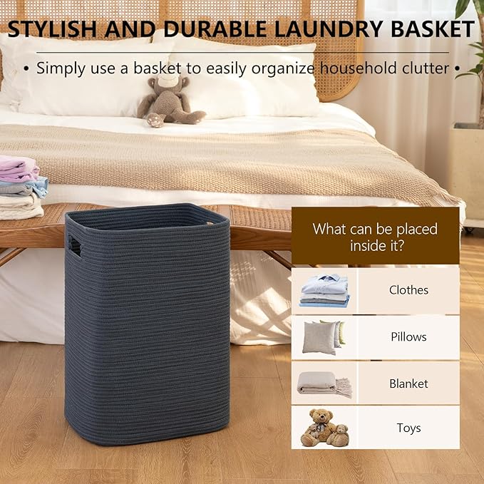 OIAHOMY Laundry Hamper, Laundry Basket，Rectangle Cotton Large Blanket Storage Basket for Living room,Bedroom Woven Decorative Storage for Toys,Clothes,Pillows-16x13x22in-Blue