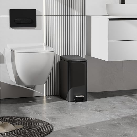 Small Trash Can with Lid Soft-Close, 6 L/1.6 Gal Bathroom Garbage Can with Removable Inner Bucket, Step Pedal, Stainless Steel Wastebasket for Kitchen, Bathroom, Bedroom, Office, Matt Black