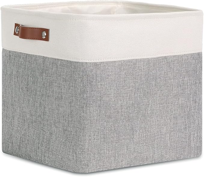DULLEMELO Cube Basket for Storage, Collapsible Fabric Cube for Organizing, Storage Cube for Closet, Laundry, Nursery, Shelves, Decorative Basket for Gifts Empty (White&Gray)