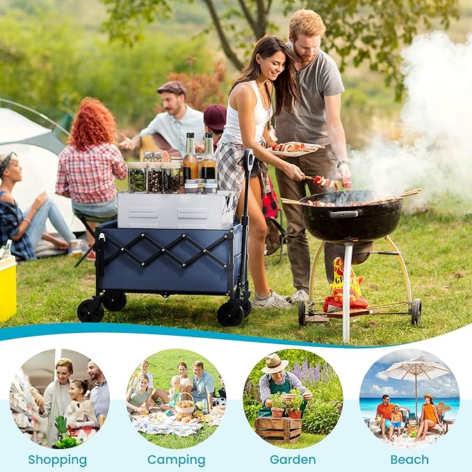 Collapsible Folding Wagon with Tailgate, Wagons Carts Foldable with 350lbs Capacity, Lightweight Portable Utility Wagon Cart for Shopping Camping Sports Garden (Navy)