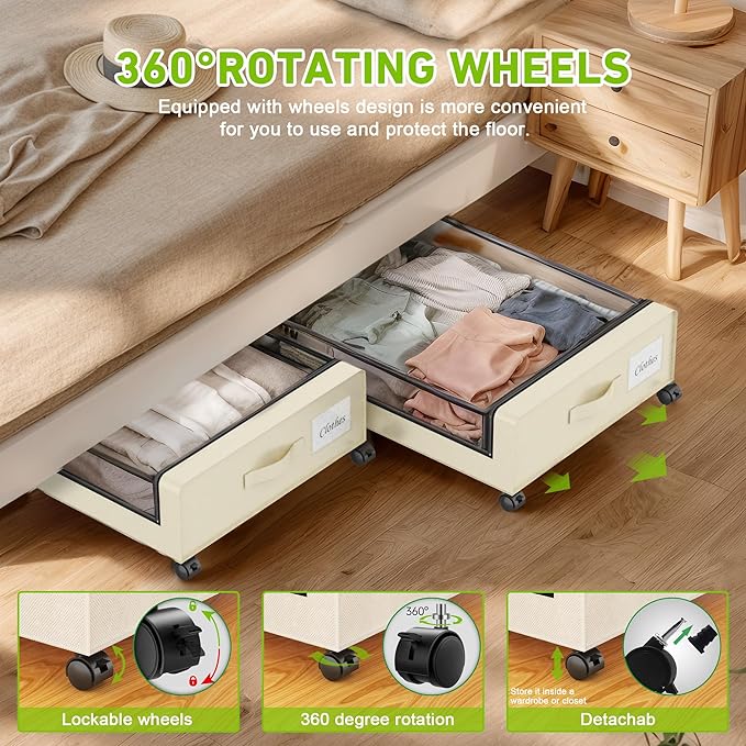 Under Bed Storage with Wheels, Under the Bed Storage Containers with Clear Lids & Label, Underbed Storage Bins, XXL 60L Rolling Metal Drawer for Clothes, Shoes, Toys, Books (4-Pack Beige)