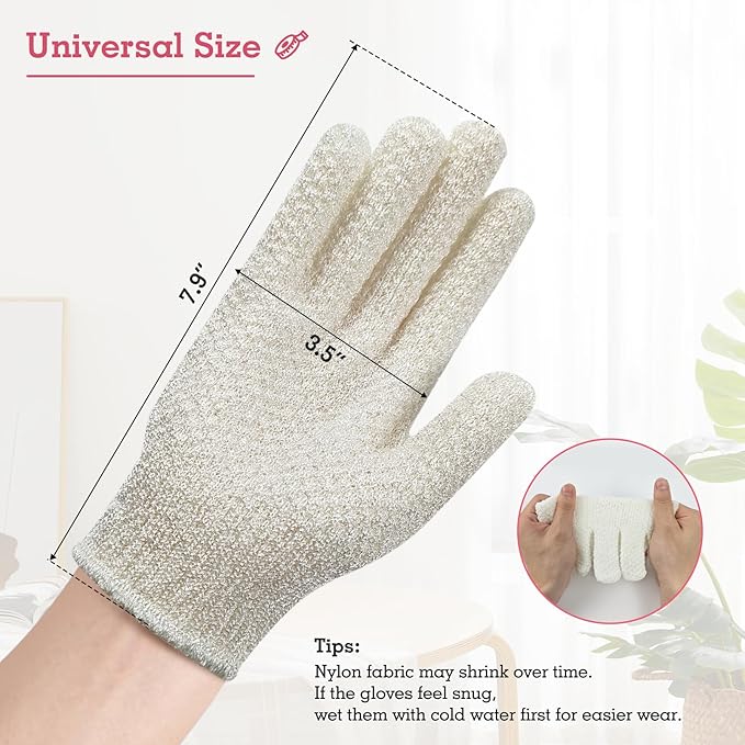 Evridwear Exfoliating Gloves for Shower, 100% Nylon Thick Soft Medium Heavy Bathing Gloves Dead Skin Remover Body Scrubber Smooth Skin with Hang Loop, 1 Pair Light White