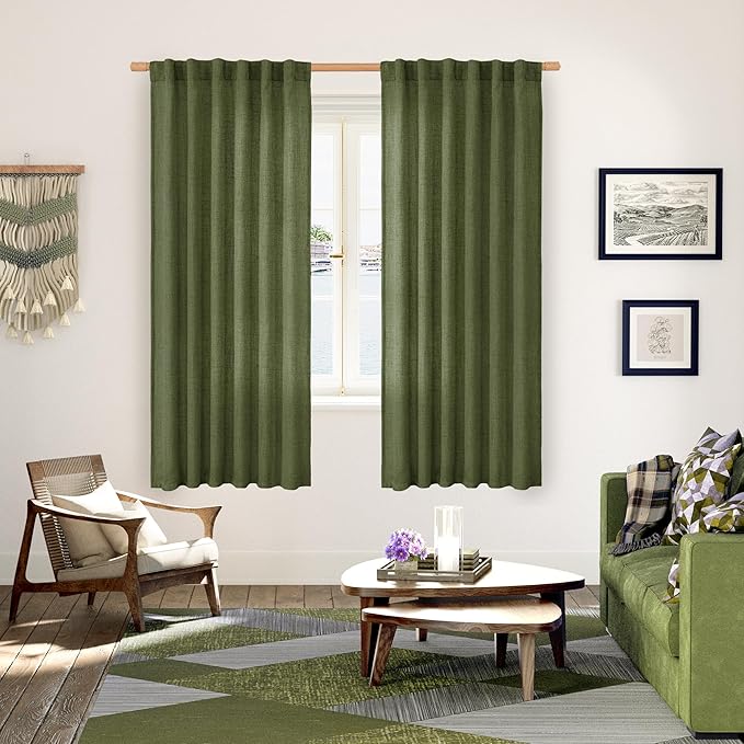 YoungsTex Olive Green Linen Semi Sheer Curtains 72 Inch Length for Living Room, Light Filtering Drape Rod Pocket Back Tab Window Treatment for Bedroom Dining, 2 Panels, 52 X 72 Inch