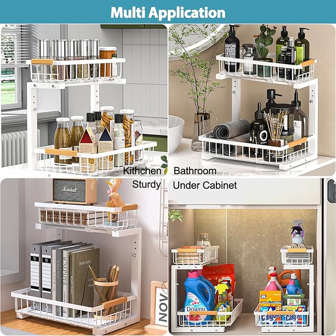 Under Sink Organizer 2 pack, 2 Tier Slide Out Under Sink Organizers And Storage, Height Adjustable Pull Out Cabinet Drawers, Kithcen Bathroom Metal Storage Caddy Shelf, White