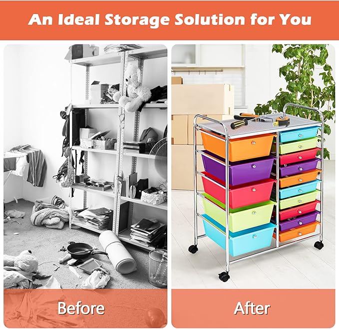 GOFLAME 15-Drawer Rolling Storage Cart, Multipurpose Movable Organizer, Utility Cart for Home, Office, School, Multicolored