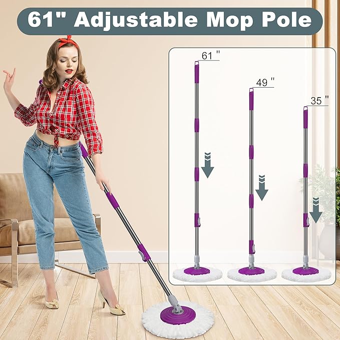 Dual Compartment Spin Mop and Bucket, Mop and Bucket with Wringer Set,360°Rotating Spinning Mopping for Floor Cleaning with 6 Microfiber Replacement Heads, 61" Extended Handle, 2X Wheel