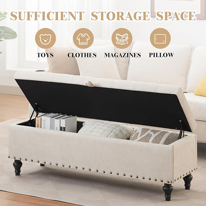 50" Storage Ottoman Bench, Tufted Ottoman with Storage for Living Room, Large End of Bed Ottomans, Modern Entryway Benchs, Window & Bedroom Benches for Foot of Bed (Light Beige)