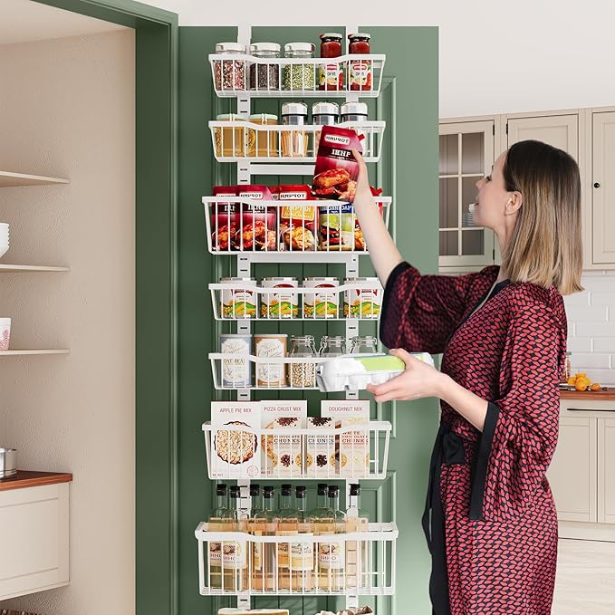 Over The Door Organizer，8-Tier Over The Door Pantry Organizer with Adjustable Baskets，Metal Hanging Pantry Organizers and Storage for Kitchen, Back of Door Seasoning Rack (White)