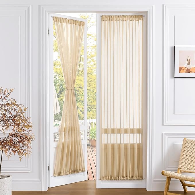 Tollpiz Sheer Door Curtain Closet Linen Textured Curtains Sheer Doorway Light Filtering Voile Patio Glass Door Rod Pocket Curtain French Door, 54 x 72 inches Long, Beige, Set of 1 Panel