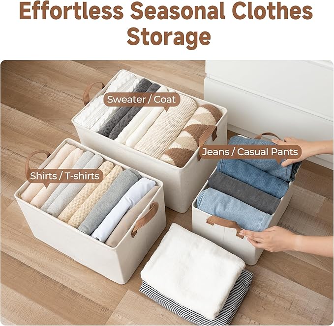 StorageWorks Storage Bins, Shelves Baskets for Organizing, Fabric Closet Organizers with Handles, Metal Frame, Beige（Cotton-linen）, 2-Pack