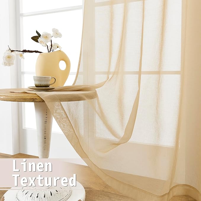 Tollpiz Sheer Door Curtains Closet Linen Textured Curtain Sheers Doorway Light Filtering Voile Patio Glass Door Rod Pocket Curtains French Door, 54 x 80 inches Long, Beige, Set of 1 Panel