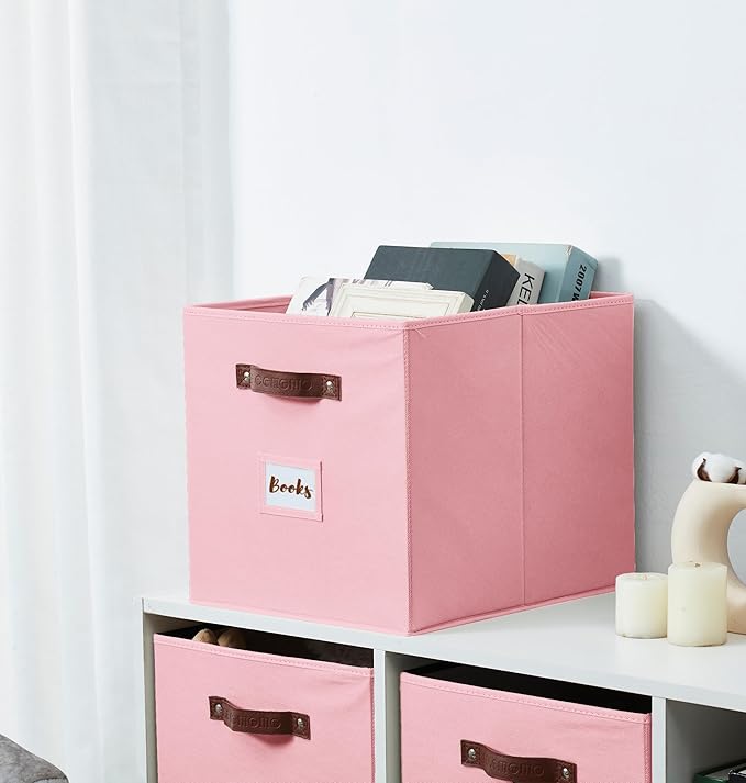 DECOMOMO Storage Baskets, 13x15x13 Storage Cube Bins with Labels for Organizing Shelves Kallax (Kallax / 4pcs, Pink)