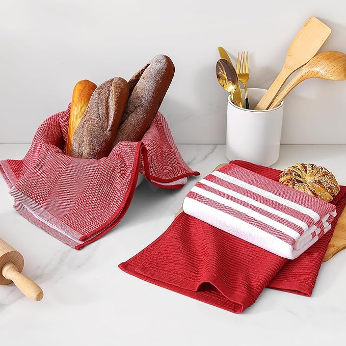 Homaxy Premium Kitchen Towels(18”x 28”, 6 Pack), Large Cotton 380 GSM Kitchen Hand Towels, Soft and Absorbent Terry Dish Towels, Multipurpose Tea Towel Set with Hanging Loop, Red