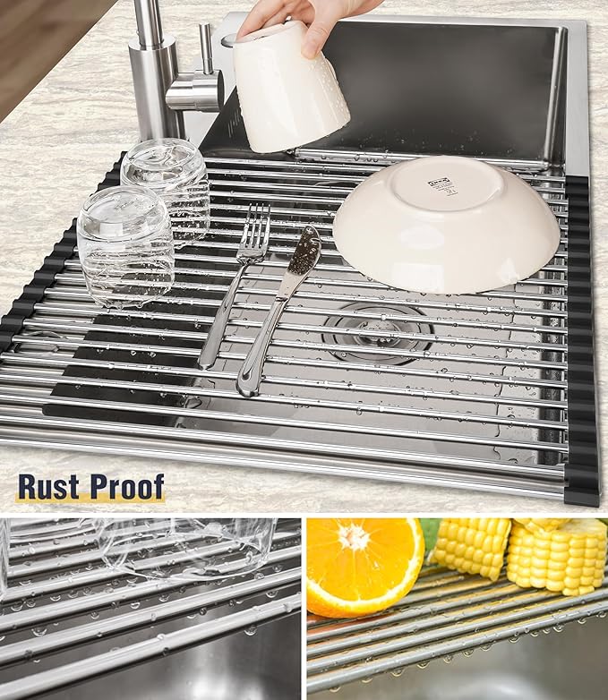 Tomorotec 17.7" x 15.5" Roll Up Dish Drying Rack Over Sink Drying Rack Sink Cover Kitchen Sink Accessories Gadget Multipurpose Organizer Foldable Stainless Steel Drainer
