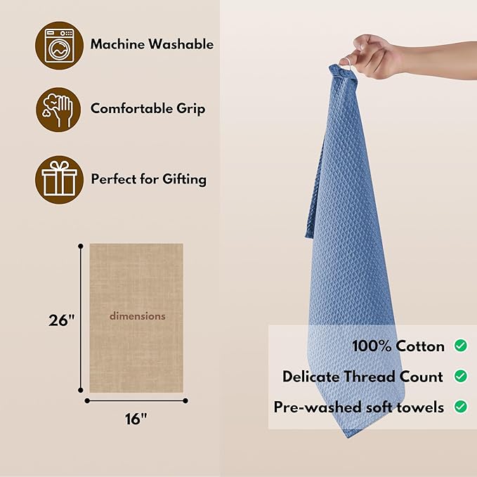 Native Fab Cotton Kitchen Towel with Hanging Loop 16x26 inches, 4-Pack, Waffle Weave Kitchen Towels for Cleaning Drying, Washcloths Soft & Absorbent Cloth Rags, Bar Towel, Dish Cloth, Sky Blue