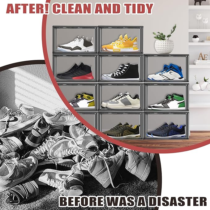 4 Pack Grey Shoe Storage Boxes Clear Plastic Stackable Shoe Display Case with Magnetic Door, Easy Assembly Fit up to US Size 13