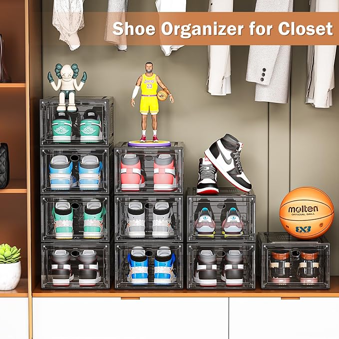 6 Pack Thicken Shoe Organizer Stackable,Upgraded Sturdy Shoe Storage Box with Magnetic Door,Shoe Containers For Sneaker Display,Hat Organizer,Black