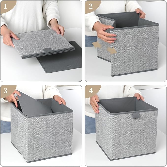 Storage Baskets, 11.8-Inch Woven Fabric Bins, Storage Cubes with Reinforced Handles, Organizer Bins for Closet Shelves, Foldable, for Toys, Clothes, Natural Beige (3PCS/Grey-11.8*11.8*11.8inch)