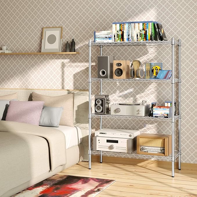Auslar 4-Shelf Storage Wire Shelves Heavy Duty 4 Tiers Standing Shelving Units Adjustable Metal Organizer Wire Rack, Chrome