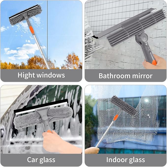 Professional 72'' Window Squeegee Cleaning Washing Tool/Kit with Extension Pole, 3 in 1 Squeegee for Window Cleaning Kit for High Window with 1 Rotatable Head 4 Interchangeable Scrubber