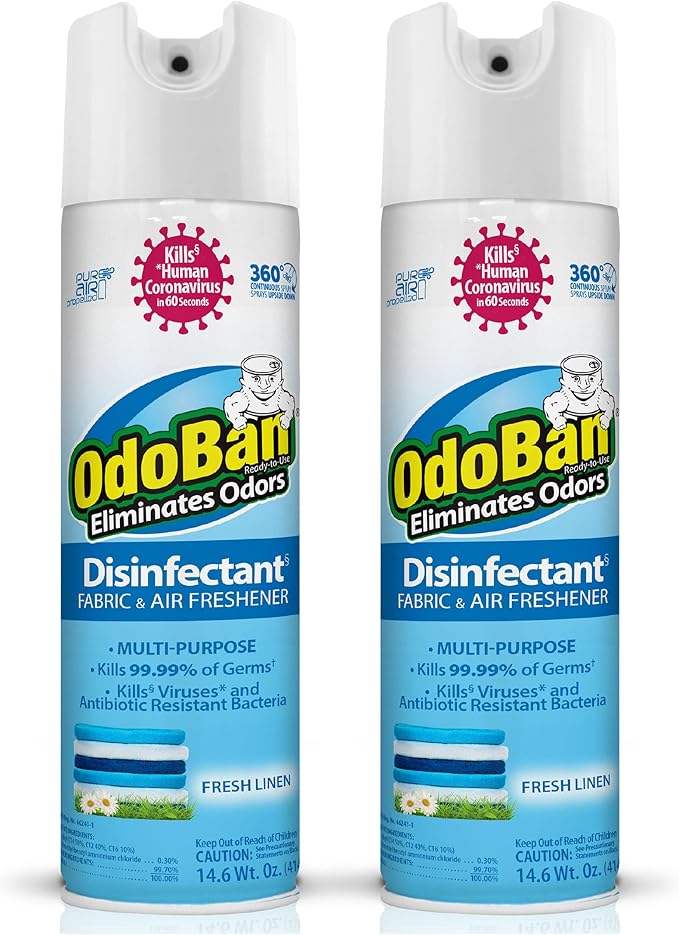 OdoBan Ready-to-Use 360-Degree Continuous Spray Disinfectant and Harsh Aroma Eliminator, Fabric and Air Freshener, 2 Pack, 14.6 Ounces Each, Fresh Linen Scent