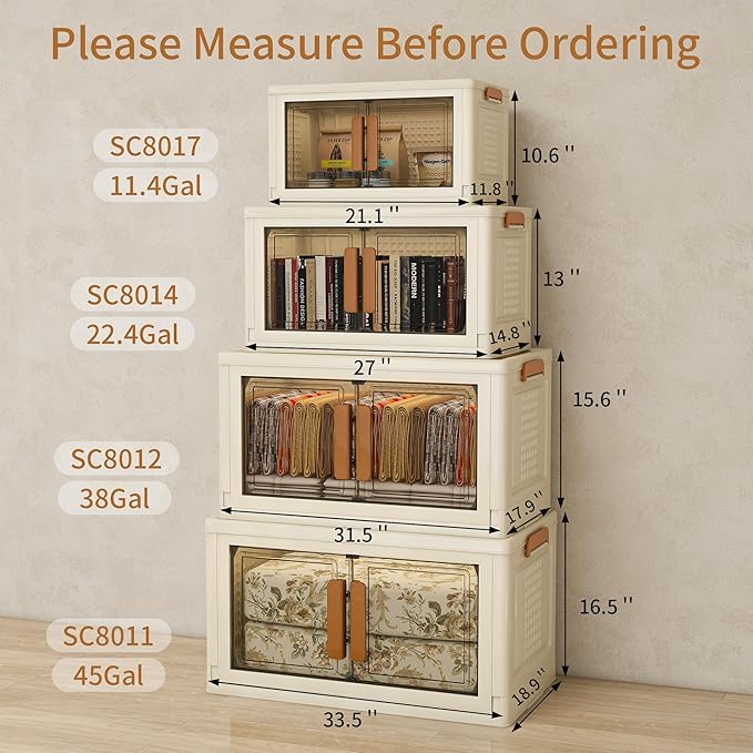Plastic Stackable Storage Bins with Lids and Wheels, Foldable Closet Organizers and Storage Containers for Bathroom, Collapsible Clear Drawer Storage Cabinet with Doors White 22.4Gal 2Tiers