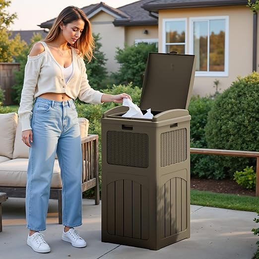 Flamaker 30 Gallon Trash Can, Resin Outdoor Garbage Can with Lid, Waterproof Hideaway Patio Waste Bins for Outside Use (2 Pack, Brown)