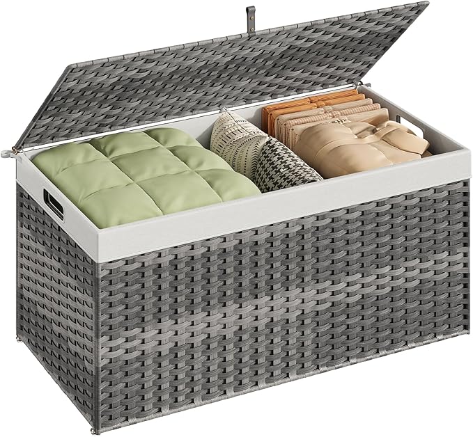 HOOBRO Storage Basket with Lid, 52.8 Gallon (200L) Wicker Basket, Handwoven Blanket Storage Basket with Handles, Metal Frame and Soft Lining, Foldable for Bedroom, Laundry Room, Gray GY220CW01