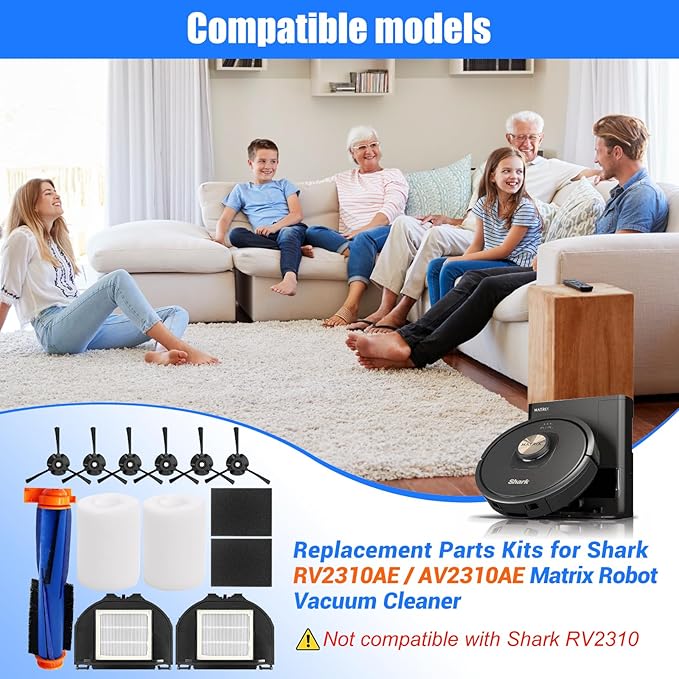 RV2310AE Replacement Parts for Shark AV2310AE/RV2320S/RV2300S/UR2350AE/UR2360S Matrix Robot Vacuum Cleaner,1 Main Brush Roller, 6 Side Brushes, 2 HEPA Filters, 2 Foam Filters(Not for RV2300/RV2310)