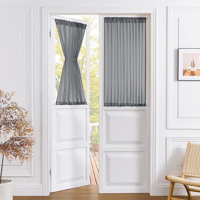 Tollpiz Short Sheer Linen Textured Curtain Sheers Doorway Light Filtering Voile Patio Glass Door Rod Pocket Curtains French Door, 54 x 54 inches Long, Dark Grey, Set of 1 Panel