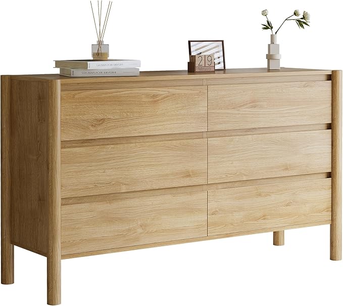 Dresser for Bedroom with 6 Drawers,47" Wide Oak Dresser with 4 Solid Wood Legs, Wooden TV Stand,Closet Clothes Organizer for Bedroom, Hallway
