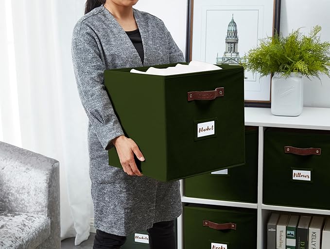 DECOMOMO Storage Baskets, 13x15x13 Storage Cube Bins with Labels for Organizing Shelves Kallax (Kallax / 4pcs, Olive Green)