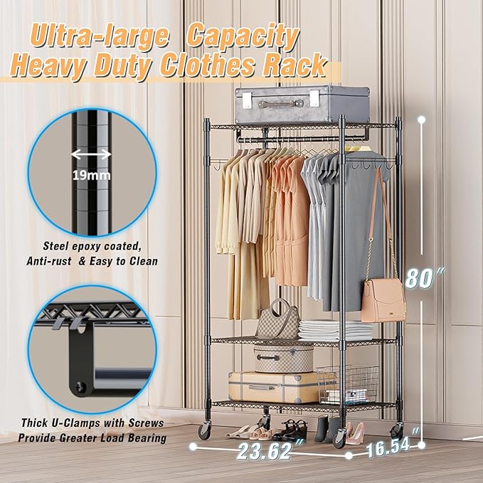 Homdox Heavy Duty Clothing Rack with 3 Tier Adjustable Wire Shelves, Garment Racks for Hanging Clothes, Double Rods Clothing Rack, Freestanding Closet Wardrobe with Side Hooks, Black