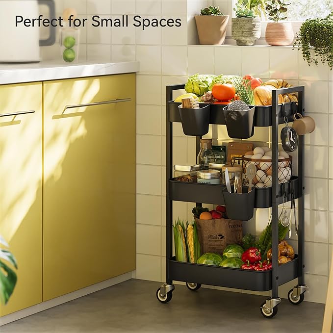 3 Tier Rolling Cart,Utility Cart with Locking Wheels, Hanging Cups & Hooks, Heavy Duty Metal Storage Organizer Cart for Kitchen,Office, Bathroom,Craft Room,Black