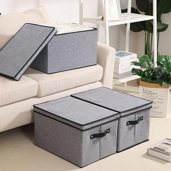 Clothing Storage Bins, Blanket Baskets for Shelves, Fabric Cubes with Handles and Lids, Decorative Linen Closet Organizers Boxes, Gray, 1 Pack, 16.5 x 11.8 x 10.2 Inch