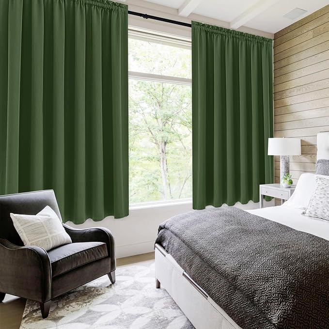 DWCN Blackout Curtains for Living Room Thermal Insulated, Energy Saving & Noise Reducing Bedroom Curtains, Olive Green, W 70x L 63 Inch, Set of 2 Rod Pocket Curtain Panels
