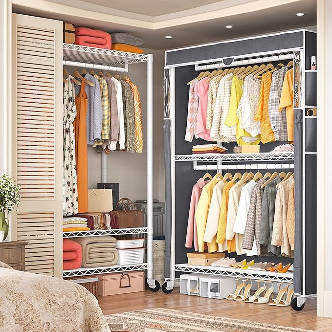 Raybee Heavy Duty Clothes Rack with Cover, 81" H Clothing Racks for Hanging Clothes, Portable with Wheels and Adjustable Feet, Max Load 440LBS, White