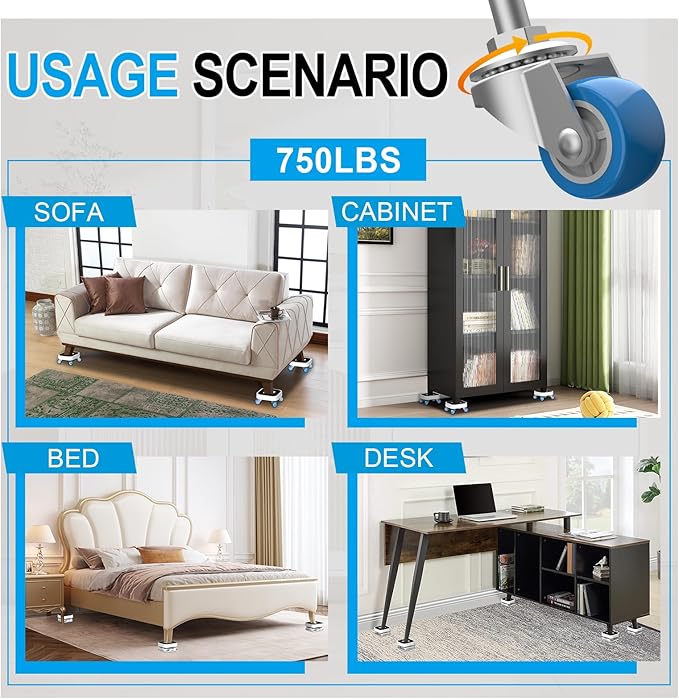 New Upgraded Furniture Sliders for Hard Floors & Carpets, 2-in-1 Furniture Movers with Wheels, Furniture Dolly for Moving Heavy Duty Sofa, Bed, Appliance, Load Capacity Up to 750lb