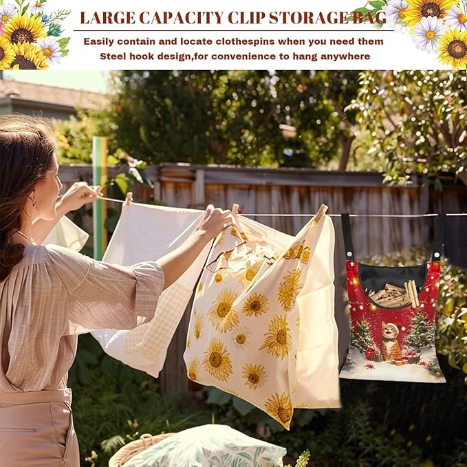2025 Christmas Cat Waterproof Clothespin Bag with Hanging Rope - 14.5x12 Inch Storage Organizer for Home, Backyard & Camping