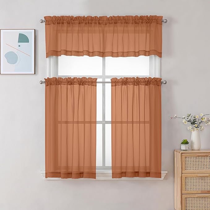 Chyhomenyc Sheer Orange Tier Curtains 24 Inch Length, Small Window Curtains Treatment for Bathroom Living Room Basement, Short Rod Pocket Cafe Curtain, 42W x 24L Inches, 2 Panels